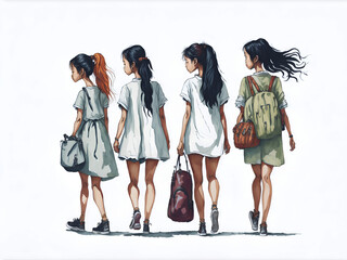 Pintura acuarela de un grupo de chicas caminando de espalda con espalda sobre un fondo fondo blanco liso y aislado. Vista de frente y de cerca. Copy space. IA Generativa - obrazy, fototapety, plakaty