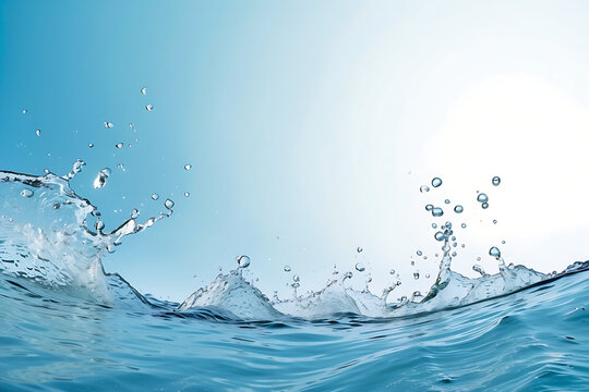 Water splash with drops and waves on blue background