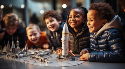 Photo of a group of happy multinational children assemble a model of the Space launch vehicle in a classroom