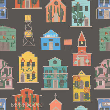 Bright wild west town houses. Western street with floral graffities wood buildings vector seamless pattern