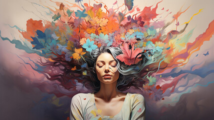 awareness of mental health, closed eyes woman profile with colorful paints and leaves flying around head - obrazy, fototapety, plakaty