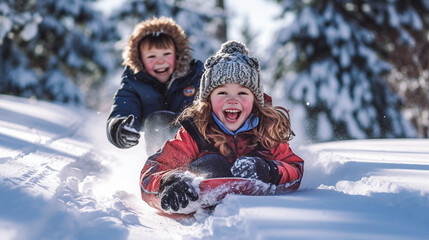 Little boy and girl having fun on fresh snow in beautiful winter park. Selective focus