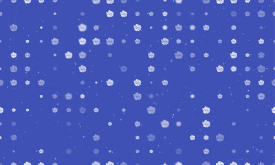 Seamless background pattern of evenly spaced white roses of different sizes and opacity. Vector illustration on indigo background with stars