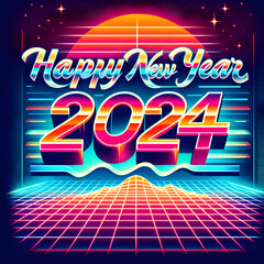  Illustrate 'Happy New Year 2024' with a retro-futuristic wave style. 