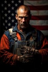 Obraz premium Clad in his uniform, the man before the American flag is the epitome of patriotic workmanship.