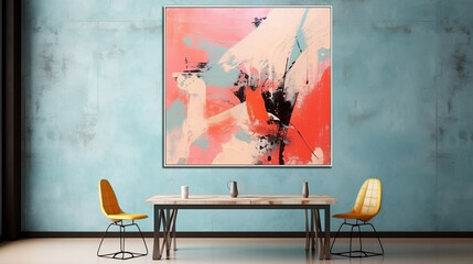 Two yellow leather chairs near a dining table against a background of a turquoise plaster wall with an abstract painting. Scandinavian mid-century home interior design of cozy modern living room.
