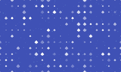 Seamless background pattern of evenly spaced white spades of different sizes and opacity. Vector illustration on indigo background with stars