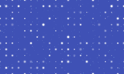 Seamless background pattern of evenly spaced white suns of different sizes and opacity. Vector illustration on indigo background with stars