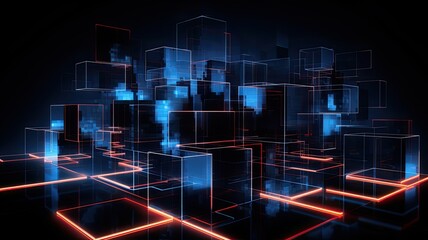 Obraz premium futuristic city scene with electronic objects and neon lighting in photoreal style, in the style of cubist fragmentation of space, dark orange and light azure, data visualization