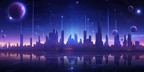 futuristic dark and violet cityscape under cosmic sky
