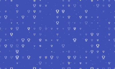 Seamless background pattern of evenly spaced white trophy symbols of different sizes and opacity. Vector illustration on indigo background with stars
