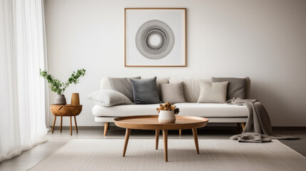 Comfortable beige sofa with pillows and blanket against white classic wall with art poster. Beautiful and cosy mid-century style home interior. Design of minimalist modern scandinavian living room.