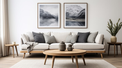 Comfortable light sofa with pillows and blanket against white classic wall with art posters. Beautiful and cosy mid-century style home interior. Design of minimalist modern scandinavian living room.