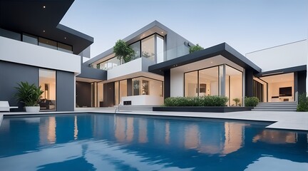 Fototapeta premium Luxury swimming pool of a modern contemporary house with beautiful architecture and cozy atmosphere.