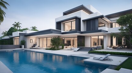 Luxury swimming pool of a modern contemporary house with beautiful architecture and cozy atmosphere. - obrazy, fototapety, plakaty