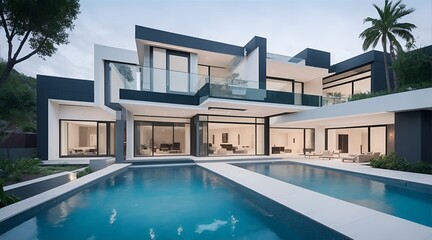 Luxury swimming pool of a modern contemporary house with beautiful architecture and cozy atmosphere.