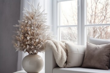 Spruce branches with garland in vase in front of large window near white sofa close up. Сhristmas and new year's home decor