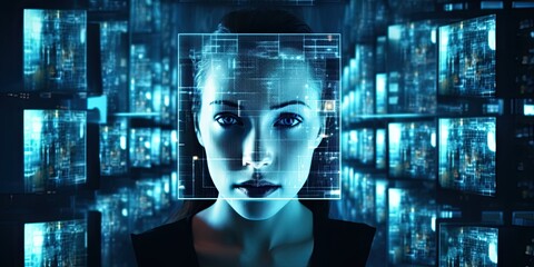 Blue tone of futuristic screen on women face with code and information hologram