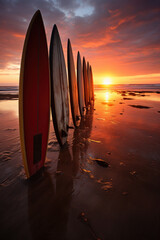 planches de surf plantées dans le sable sur une plage déserte le soir au moment du couché du soleil - obrazy, fototapety, plakaty