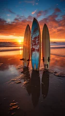 Fototapeten planches de surf plantées dans le sable sur une plage déserte le soir au moment du couché du soleil © Sébastien Jouve