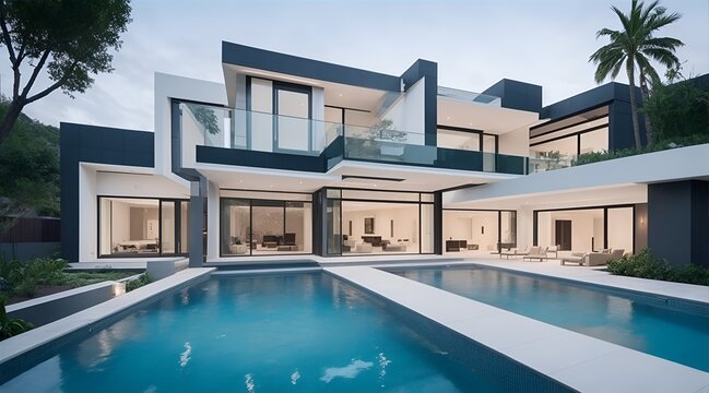 Luxury swimming pool of a modern contemporary house with beautiful architecture and cozy atmosphere.