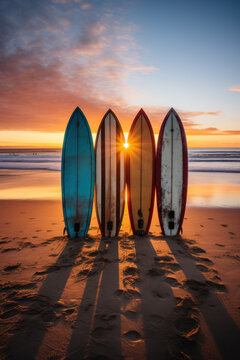 planches de surf plant&eacute;es dans le sable sur une plage d&eacute;serte le soir au moment du couch&eacute; du soleil