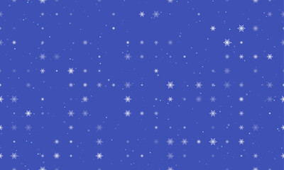 Seamless background pattern of evenly spaced white snowflakes of different sizes and opacity. Vector illustration on indigo background with stars