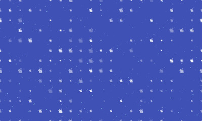 Seamless background pattern of evenly spaced white roasted turkeys of different sizes and opacity. Vector illustration on indigo background with stars