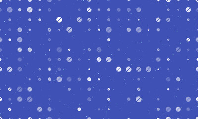 Seamless background pattern of evenly spaced white pill symbols of different sizes and opacity. Vector illustration on indigo background with stars