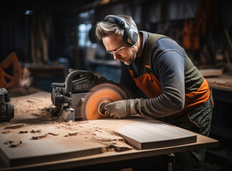 A working carpenter in a workshop using a circular saw to cut wood. The photo was taken from the side - man using safety glasses and headphones. Various instruments are visible in the background.