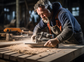 Bearded woodworker use sander machine for polishing board. Elderly carpenter use big random orbit sander or palm sander polishes wooden in the workshop. Carpentry, DIY maker and woodworking concept.