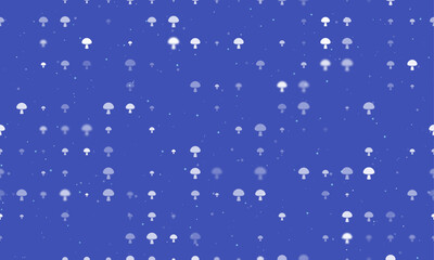 Seamless background pattern of evenly spaced white mushroom symbols of different sizes and opacity. Vector illustration on indigo background with stars