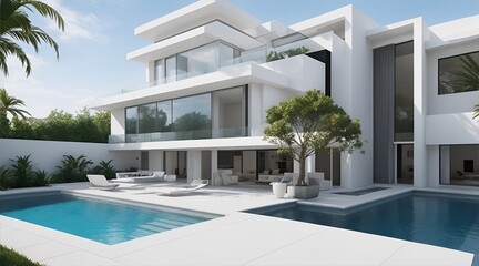 Luxury swimming pool of a modern contemporary house with beautiful architecture and cozy atmosphere.