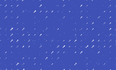 Seamless background pattern of evenly spaced white microphone symbols of different sizes and opacity. Vector illustration on indigo background with stars