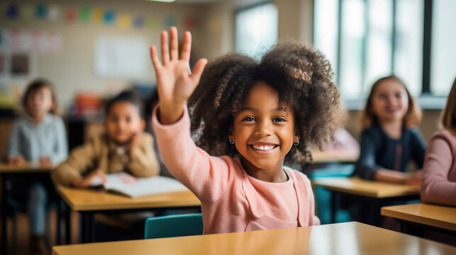 dark-skinned African student at a desk in a school class raises his hand, child, smart kid, children, study, learning, classroom, knowledge, lesson, pupil, boy, girl, team, friends, smile, portrait