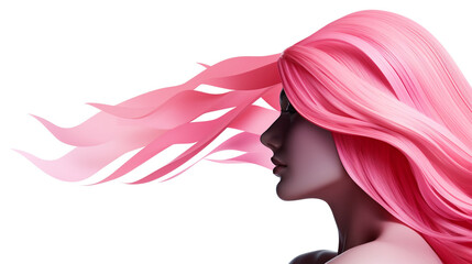 woman with pink ribbon hair isolated white background, breast cancer awareness