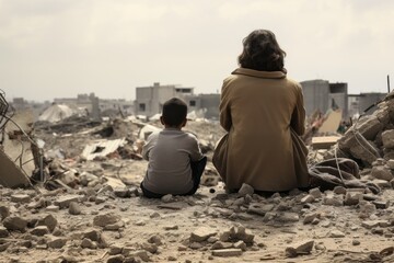 familiy sitting in a war scene looking at a destroyed city