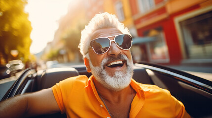 Senior man smiling, happy in his brand new car