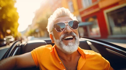 Fotobehang Senior man smiling, happy in his brand new car © Olga