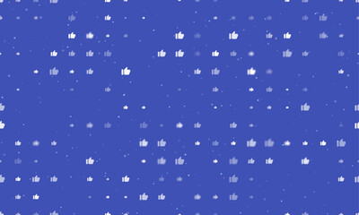 Seamless background pattern of evenly spaced white thumb up symbols of different sizes and opacity. Vector illustration on indigo background with stars