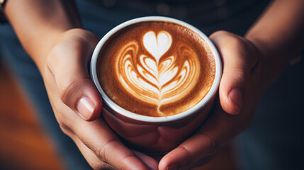 A tight shot of fingers grasping a mug of foam-adorned espresso, signifying the laidback and tranquil state of mind while in periods of meditation.