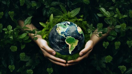 A dynamic imagery illustrative of clasped hands gripping a world featuring abundant foliage, conveying the requirement for international eco-preservation ventures. - obrazy, fototapety, plakaty