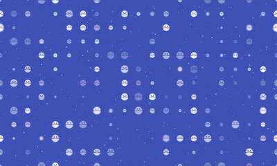 Seamless background pattern of evenly spaced white masked face symbols of different sizes and opacity. Vector illustration on indigo background with stars