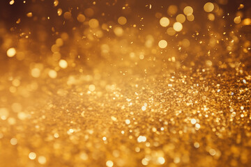 Abstract Flying Gold Dust, Confetti, Shining Particles of Glitter With Glowing Sparks of Light, Texture Effects of Falling Glittering Blurred Motion Festive Celebration on a Dark Yellow Background