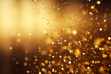 Obraz premium Glitter Confetti Gold Dust Falling Festive Celebration Wedding Anniversary Birthday Shining Particles Glowing Light Abstract Flying Texture Effects Glittering Blurred Motion Dark Gold Background