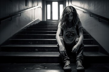 Teenage depression. Sad lonely girl sitting on stairs. Generative AI - obrazy, fototapety, plakaty