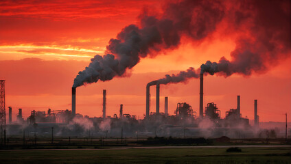 Industrial landscape with smoking chimneys in the setting sun on a field. Carbon emissions issues.