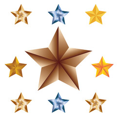 Collection of golden stars. 3D golden stars. Golden star isolated on white background with clipping path. vector art and illustration. 