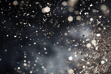 Glitter Confetti Gold Dust Falling Festive Celebration Wedding Anniversary Birthday Shining Particles Glowing Light Abstract Flying Texture Effects Glittering Blurred Motion Dark Silver Background