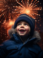 Cute boy enjoying fireworks on New Year. Generative AI.